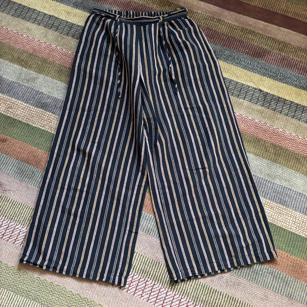 Anthropologie Navy and Cream Striped Wide Leg Pants
